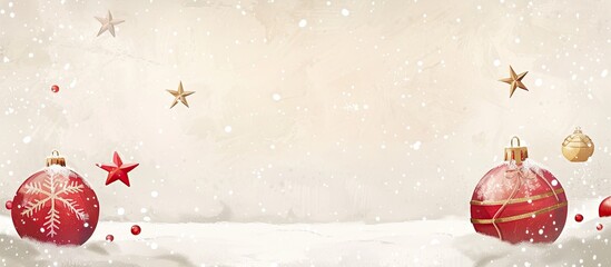 Poster - A panoramic Christmas card featuring a minimalistic design with copy space image, snowflakes, golden star presents, and red rattan balls.