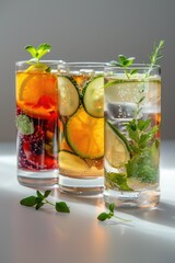 Canvas Print - Three glasses of different colored drinks with fresh herbs on top