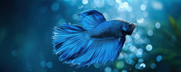 Blue Siamese fighting fish, Half Moon, dynamic and elegant underwater scene. Free copy space for text.