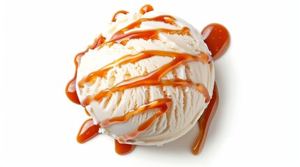 Poster - Delicious vanilla ice cream scoop drizzled with caramel sauce. Perfect for summer treats, dessert menus, and food blogs. White background enhances the creamy texture and caramel contrast. AI