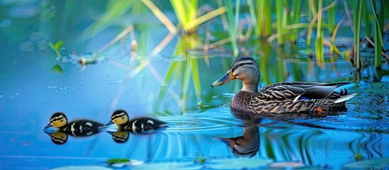 a mother mallard duck with two ducklings is swimming in a blue pond surrounded by lush green reeds, 