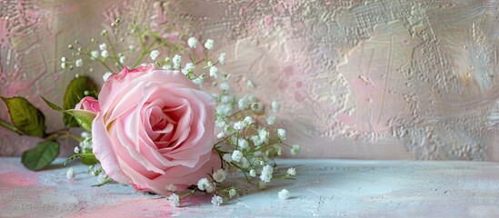 Leinwandbilder - A postcard featuring a pink rose, gypsophila, and a copy space image for Valentine's, anniversaries, Mother's Day, or birthdays.