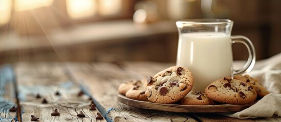 Poster - Farm-fresh cow's milk served with cookies in a delightful snack arrangement on a tabletop with a background designed for copy space image.