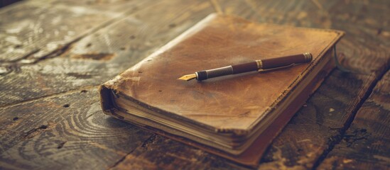 Fototapete - Vintage-toned image of a notebook and pen on a wooden table with copy space image.