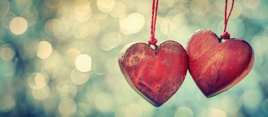 Aufkleber - Vintage-style image with two red handmade wooden hearts against a lovely bokeh backdrop, representing love on Valentine's Day, with a copy space image.