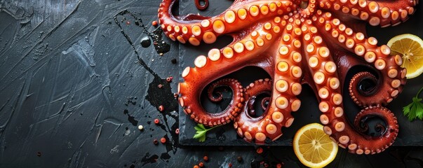 Wall Mural - A large octopus with a lemon on top of it. Free copy space for text.