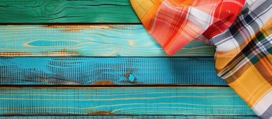 Poster - Checkered tablecloth set on a colorful wooden table background in a top-down view, with copy space image.