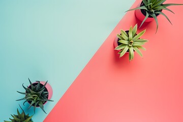 Wall Mural - Green Succulents in Pink Pots on a Blue and Red Background. Generative AI