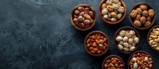 Poster - Top view of different types of nuts placed in wooden bowls against a copy space image.