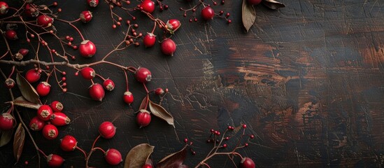 Poster - A winter-themed Christmas setting featuring dog rose branches, rose hip, and red barberry laid on a dark brown rustic wooden table with space for messages on greeting cards in a flat lay design