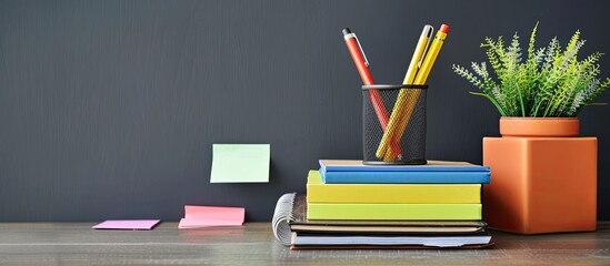 Leinwandbilder - Pen holder, sticky notes, and books arranged neatly on a grey background with space for text or images. copy space available