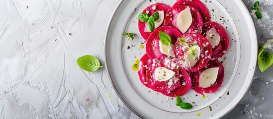 Poster - Red beetroot ravioli with cheese presented on a white plate with a plain background for a stunning copy space image.