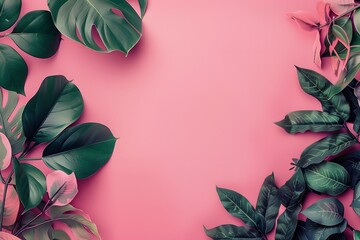 Wall Mural - Green Tropical Leaves on a Pink Background. Generative AI