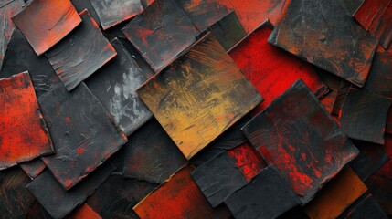 Wall Mural - A collage of squares in various colors, including red, black, and yellow. The image has a bold and abstract feel, with the squares overlapping and creating a sense of depth