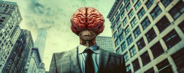 Brain man in city, surreal concept, smoke and buildings background. Free copy space for text.