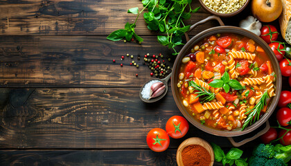 Minestrone, italian vegetable soup with pasta on wooden table. Top view