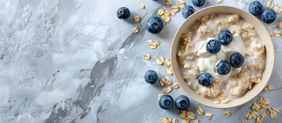 Poster - Flat lay composition featuring delicious oatmeal topped with blueberries and yogurt on a marble surface with copy space image available.