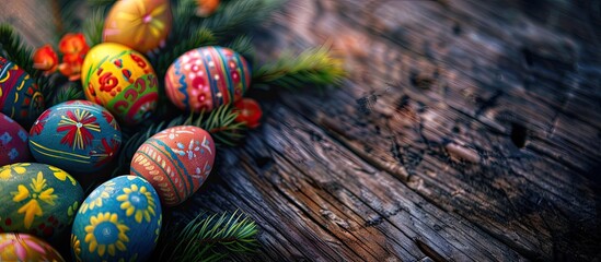 Aufkleber - Close-up view of Easter decorations with painted eggs on a wooden table with copy space image.