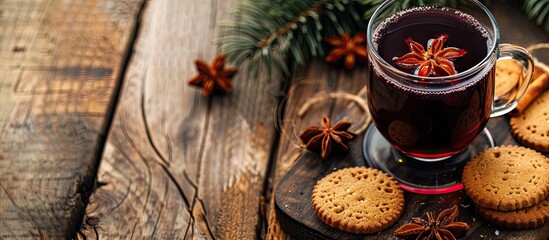 Poster - Close-up image of a delicious mulled wine and cookie on a wooden table with copy space image available for text.