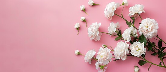Poster - Top-down view of a white flower bouquet against a pink backdrop with space for text or images, conveying themes of love, gratitude, and celebration like Valentine's Day or birthdays