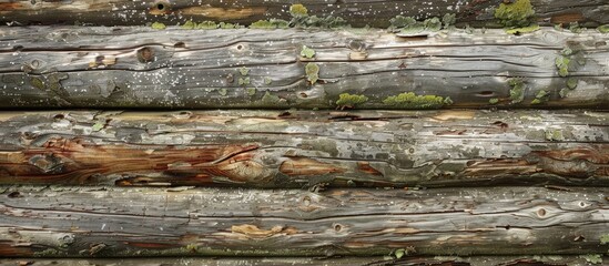 Poster - Old weathered horizontal logs with knots and moss create a beautiful wooden background in a side view of an old wall, ideal for a copy space image.