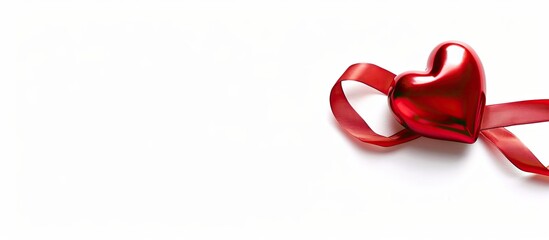 Aufkleber - Valentine heart with red satin ribbon on a white background, perfect for copy space image.