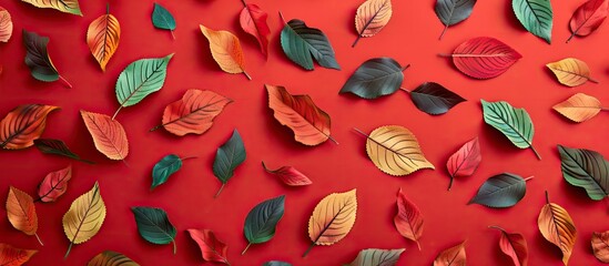 Poster - Top view flat lay of colorful autumn leaves on a red background, creating an autumn-themed pattern with copy space image available.