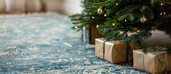 Poster - Close-up view of a Christmas tree with presents on a carpet, featuring ample copy space for an image.