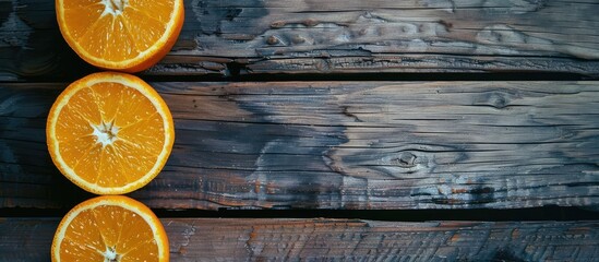 Poster - Oranges cut in half displayed on a rustic wooden table with copy space image.