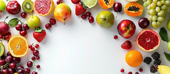 Poster - Various fresh and sweet fruits arranged in a circle on a white backdrop with copy space image, promoting a healthy eating idea.