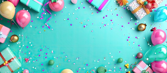 Aufkleber - Celebratory flat lay scene with vibrant balloons, gifts, and confetti for holidays. Perfect for a birthday or party greeting card with a designated area for inserting text or images