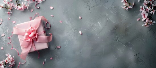 Leinwandbilder - Copy space image with a pink gift on a gray background, perfect for occasions like birthdays and Mother's Day, emphasizing the essence of the celebration with a focused view.