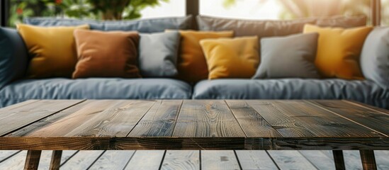 Aufkleber - Front view of an empty wooden table set against a blurred sofa with pillows in the background, creating a soft-focus effect, ideal as a template with copy space image.