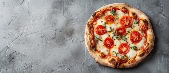 Poster - Top view of a mouthwatering organic tomato, fresh thyme, and mozzarella pizza on a grey backdrop with copy space image.