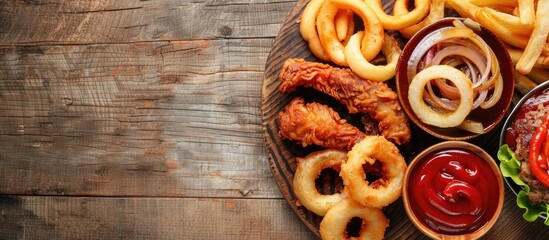 Poster - Wooden plate on table with a variety of delicious meal options like sauce, ketchup, and onion rings, creating an inviting food display with copy space image.