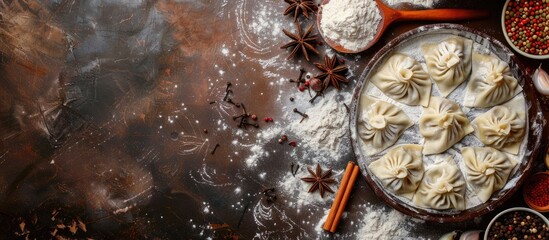 Poster - Grunge background with raw dumplings, flour, spices, and copy space image.