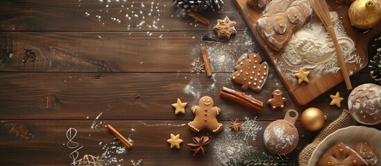 Aufkleber - A festive baking scene for Christmas with room for a message, featuring dough for making gingerbread cookies, captured from above with space for text. copy space available