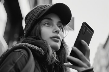 Wall Mural - A woman is looking at her cell phone while wearing a hat and a scarf. She is focused on her phone, possibly checking messages or browsing the internet. Concept of modern technology