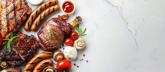 Aufkleber - Top view of a selection of grilled meats, sausages, and BBQ vegetables like mushrooms, tomatoes, zucchini, and onions on a white marble table with sauce and ample copy space image.