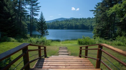 Canvas Print - a wooden bridge leading to a lake and a forest