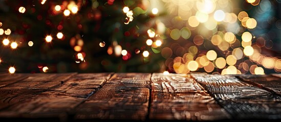 Poster - Rustic festive background with a dark wooden table, lit Christmas tree, and bokeh lights, perfect for product displays with copy space image.