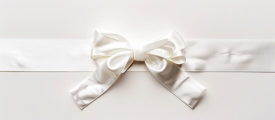 Aufkleber - White ribbon with matching bow for Christmas presents displayed on a white background with available copy space image.