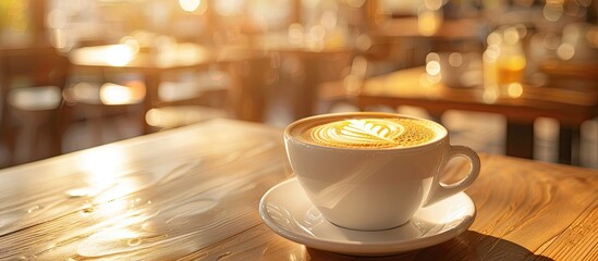 Aufkleber - A cappuccino cup with a decorative pattern placed on a cafe table, displayed in a copy space image.