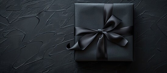 Poster - Gift box for Black Friday on black paper with silk ribbon, ideal for text placement as a flat lay image. copy space available