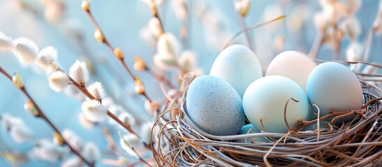 Poster - Easter greeting card featuring pastel colored eggs in a nest surrounded by pussy willow branches, creating a serene scene with copy space image.