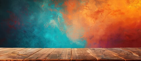 Poster - A plain wooden table set against a vibrant backdrop, ideal for designing, with space for placing images. copy space available
