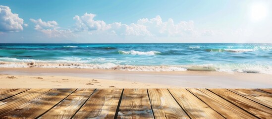 Aufkleber - A summer vacation-themed horizontal travel banner with a wooden tabletop as its main focus, featuring a serene beach and sea in the background for copy space image.