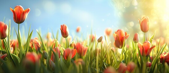 Aufkleber - Blooming tulip buds in a spring meadow create a vibrant floral backdrop with plenty of copy space image.