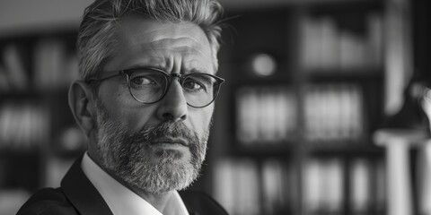 Poster - A man with glasses and a beard is standing in front of a bookshelf. He looks serious and focused