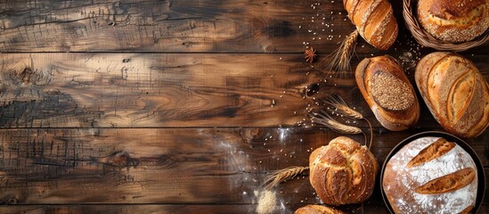 Poster - Breads freshly baked, arranged on a rustic wooden table with a blank space for an image. copy space available